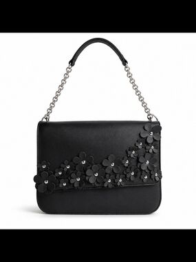 Black Floral Appliqué Crossbody Shoulder Faux Leather Silver Chain Strap Purse